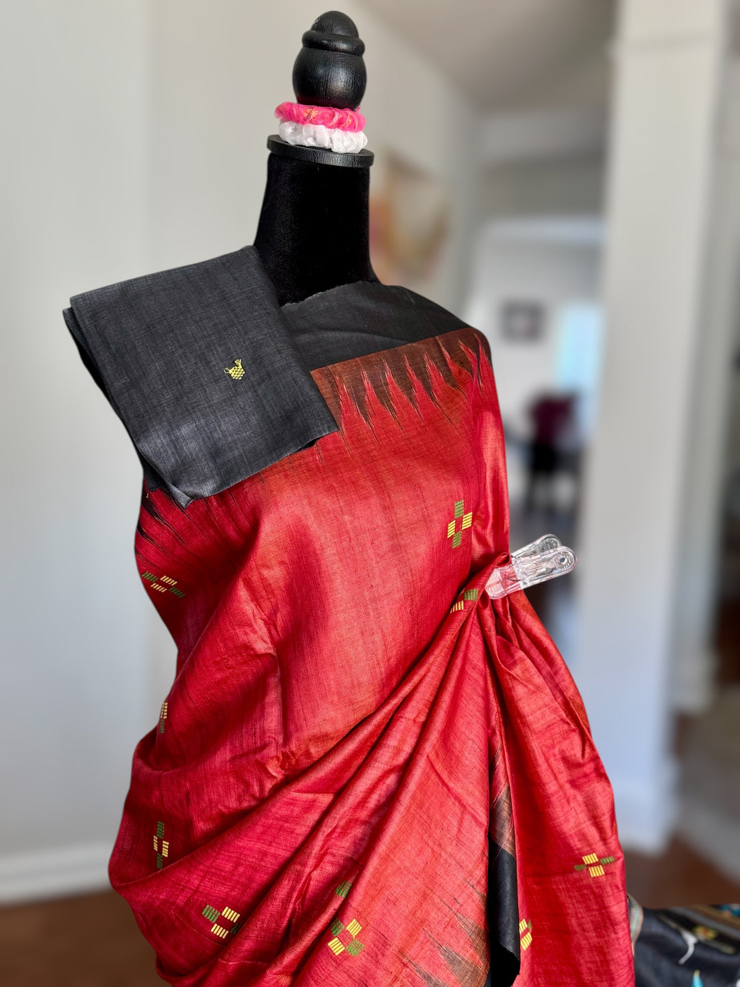 Orangish red Gopalpur Handwoven Tussar Saree with Ganjam Bomkai Pallu - Traditional Indian Saree|Odisha weaves