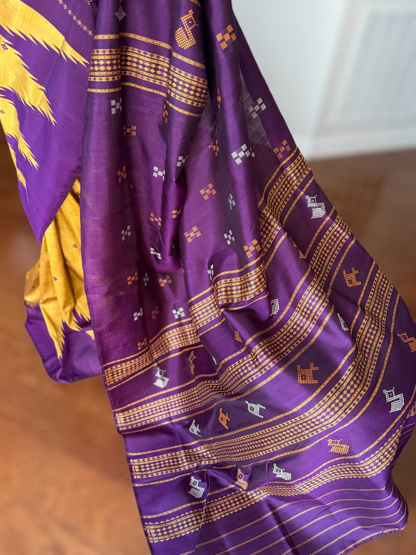 Mustard with purple combination Berhampuri Double Pallu pure silk saree