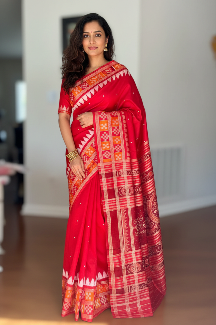 Elegant Ikat khandua pure silk saree with pasapali border |Odisha Weaves