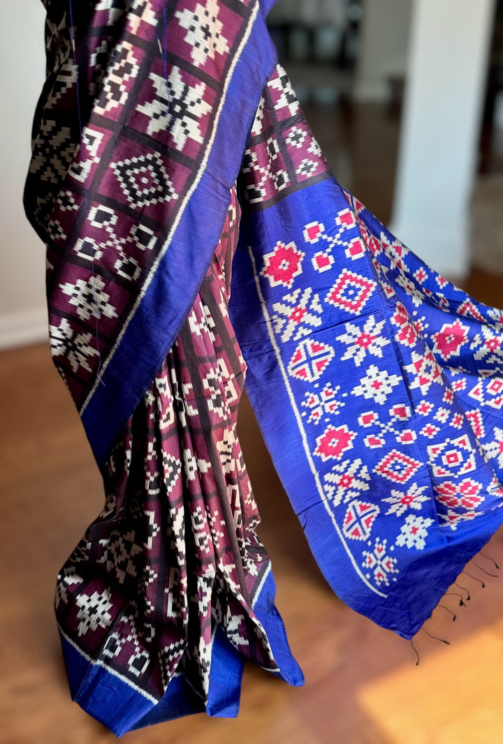 Purple with Blue combination Telia inspired Contemporary ikat pure silk saree