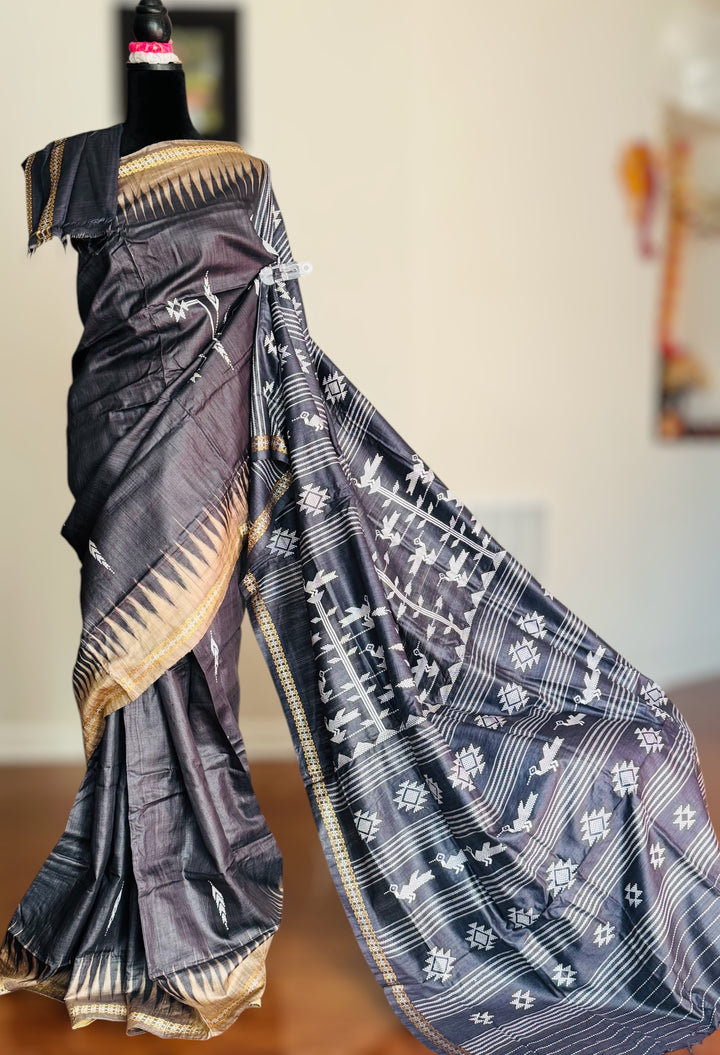 Ganjam Bomkai inspired handwoven pure Tussar silk saree in Black color