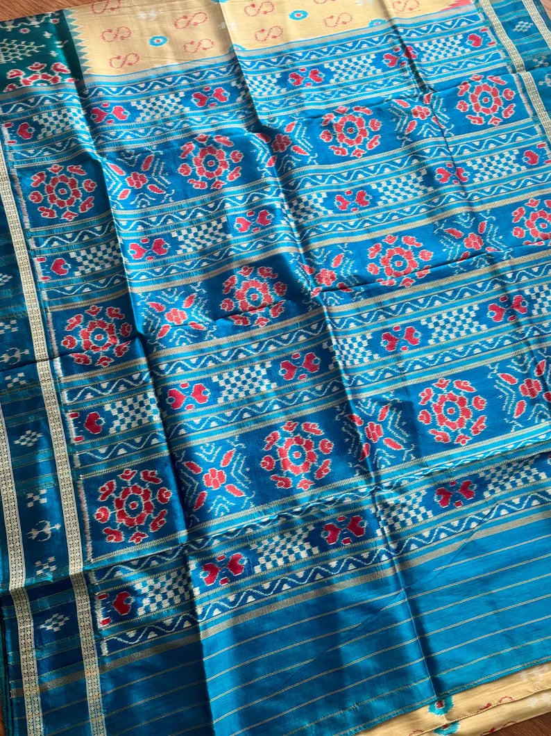 Baige Gold with blue combination handwoven contemporary ikat pure silk saree | Odisha weaves