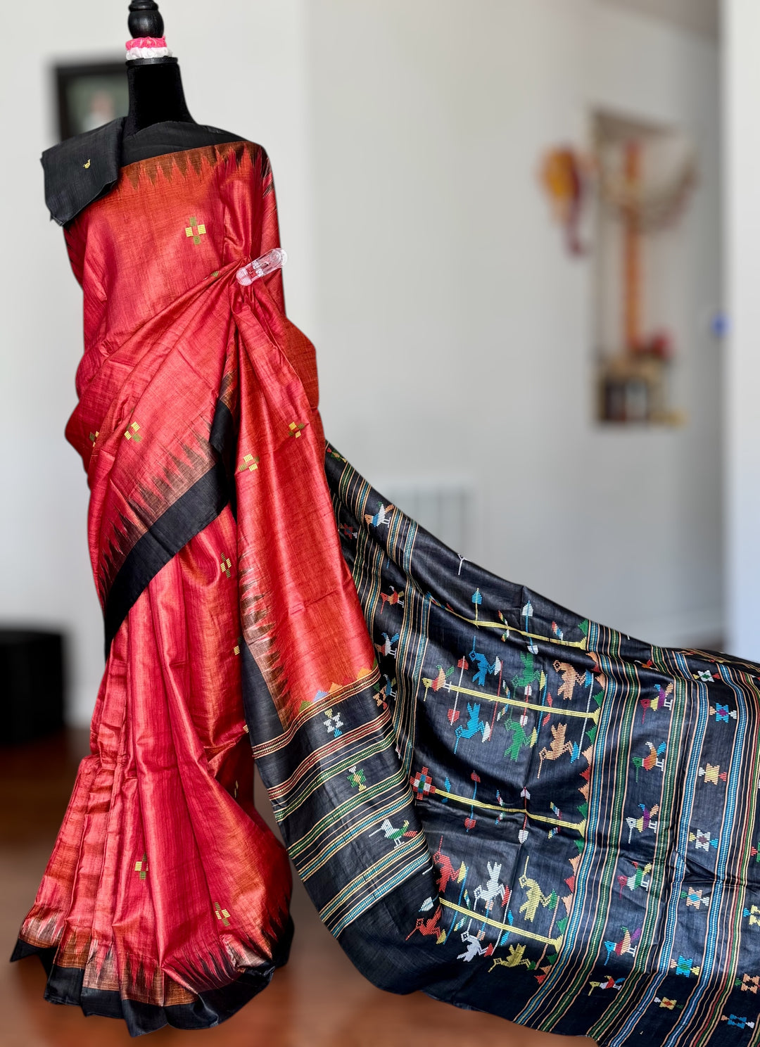 Orangish red Gopalpur Handwoven Tussar Saree with Ganjam Bomkai Pallu - Traditional Indian Saree|Odisha weaves