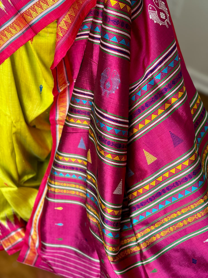 Light green and magenta pink combination Dongria double pallu contemporary ikat pure silk saree
