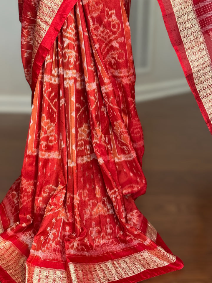 Dark Coral Red handwoven Sambalpuri Ikat Silk saree |Odisha Weaves