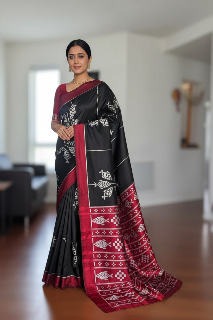 Black color fish motif handwoven ikat pure silk saree|Odisha Weaves|Contemporary Ikat|