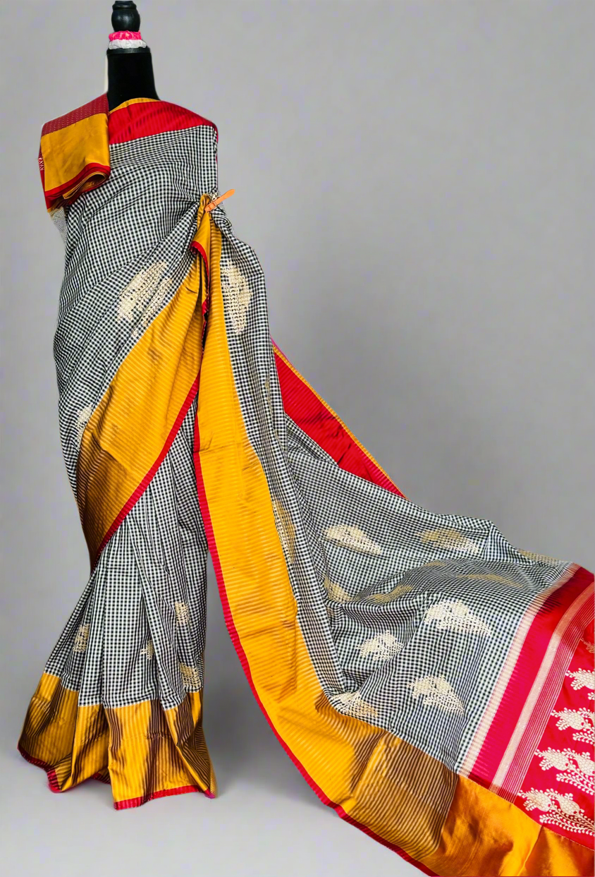 Pure Katan Silk Checks Banarasi handlooms ektara and Kadhwa weaved Saree