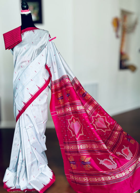 Blueish Grey with Magenta Phoda kumbha Sambalpuri Puri Silk Saree with Dobby weaved Pallu