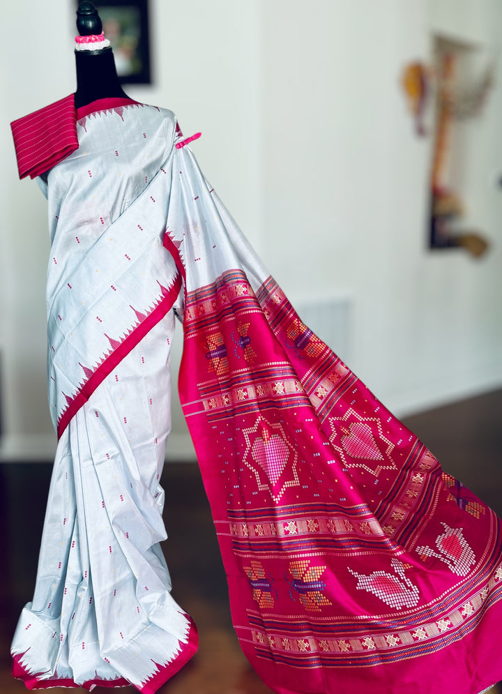 Blueish Grey with Magenta Phoda kumbha Sambalpuri handwoven pure Silk Saree with Dobby weaved Pallu |Odisha Weaves