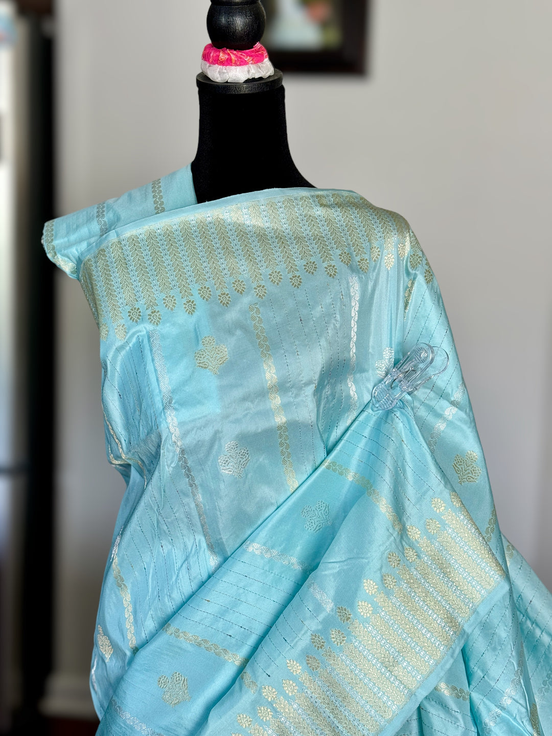 Icy Blue color Banarasi pure katan silk saree with kadhua work along with artistic meenakari bundis