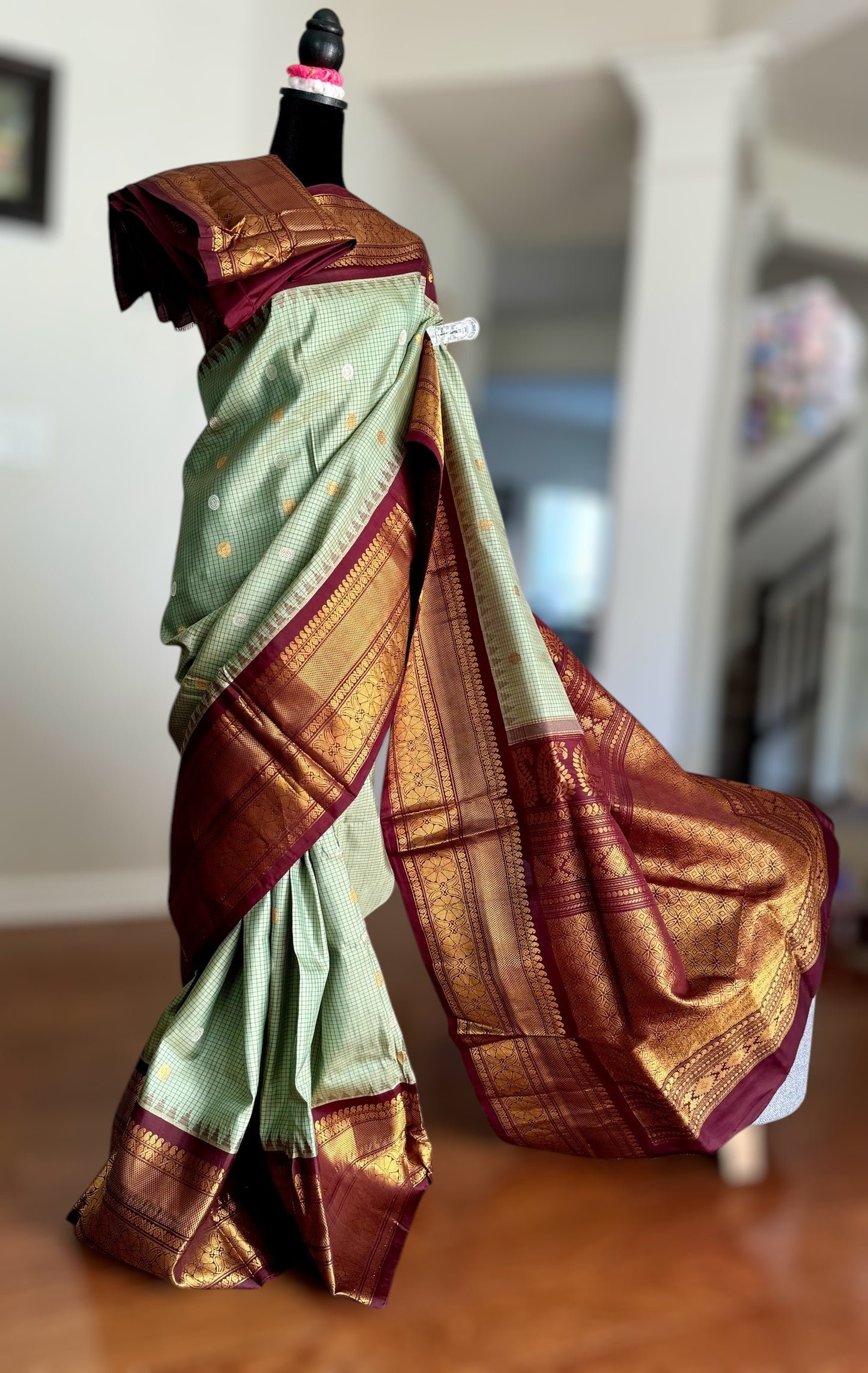 Light Sage Green vintage Checks Gadwal Pure Silk Saree with zari buttas and contrast Maroon border