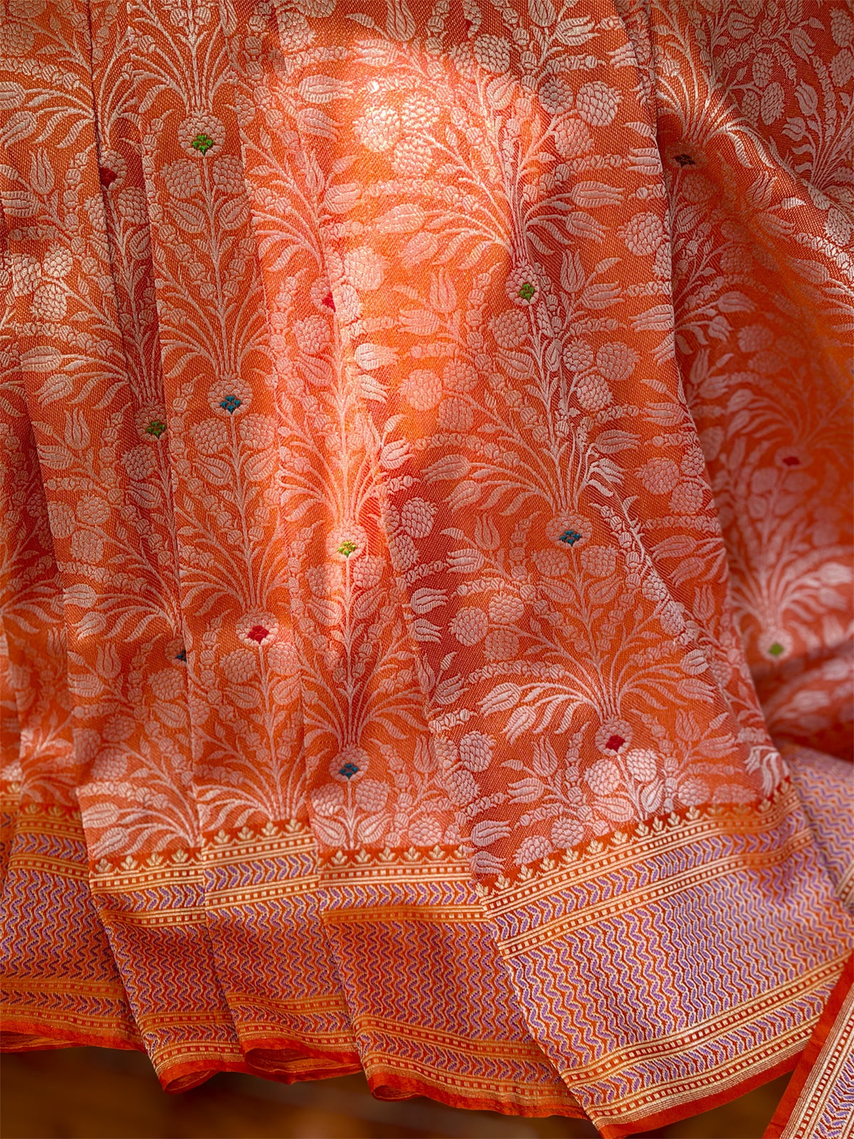 Orange Banarasi handwoven brocade pure silk with Tanchoi meenakari kadhuwa weave saree
