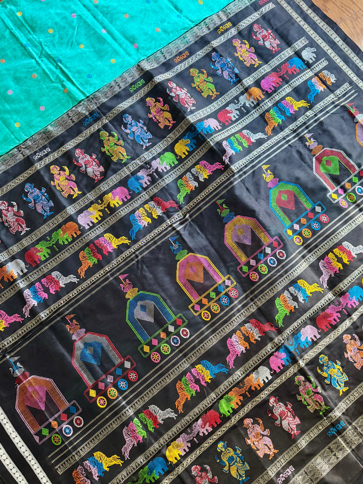 Gorgeous Light Aqua green Nandighosa pure silk saree from Odisha Weaves| Bomkai|