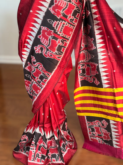 Maroon-ish Red Contemporary ikat pure silk Saree from Odisha weaves