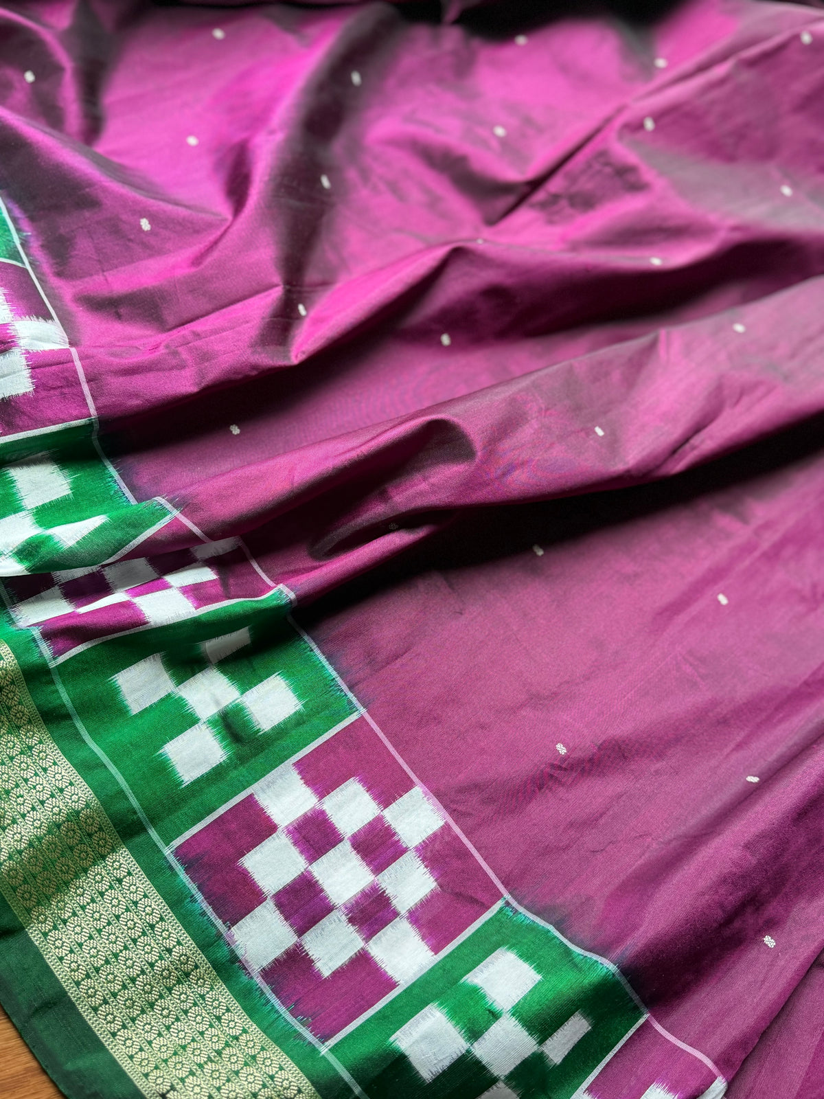 Plum and green combination Sambalpuri pasapali handwoven Ikkat semi-silk saree| Odisha Weaves