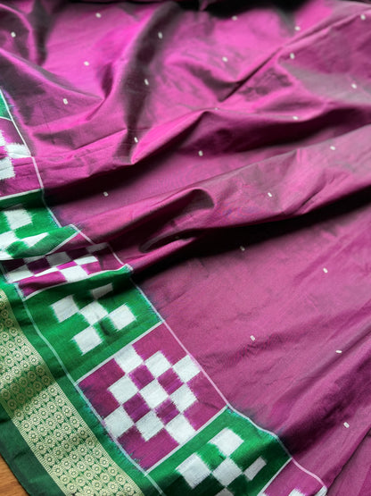 Plum and green combination Sambalpuri pasapali handwoven Ikkat semi-silk saree| Odisha Weaves