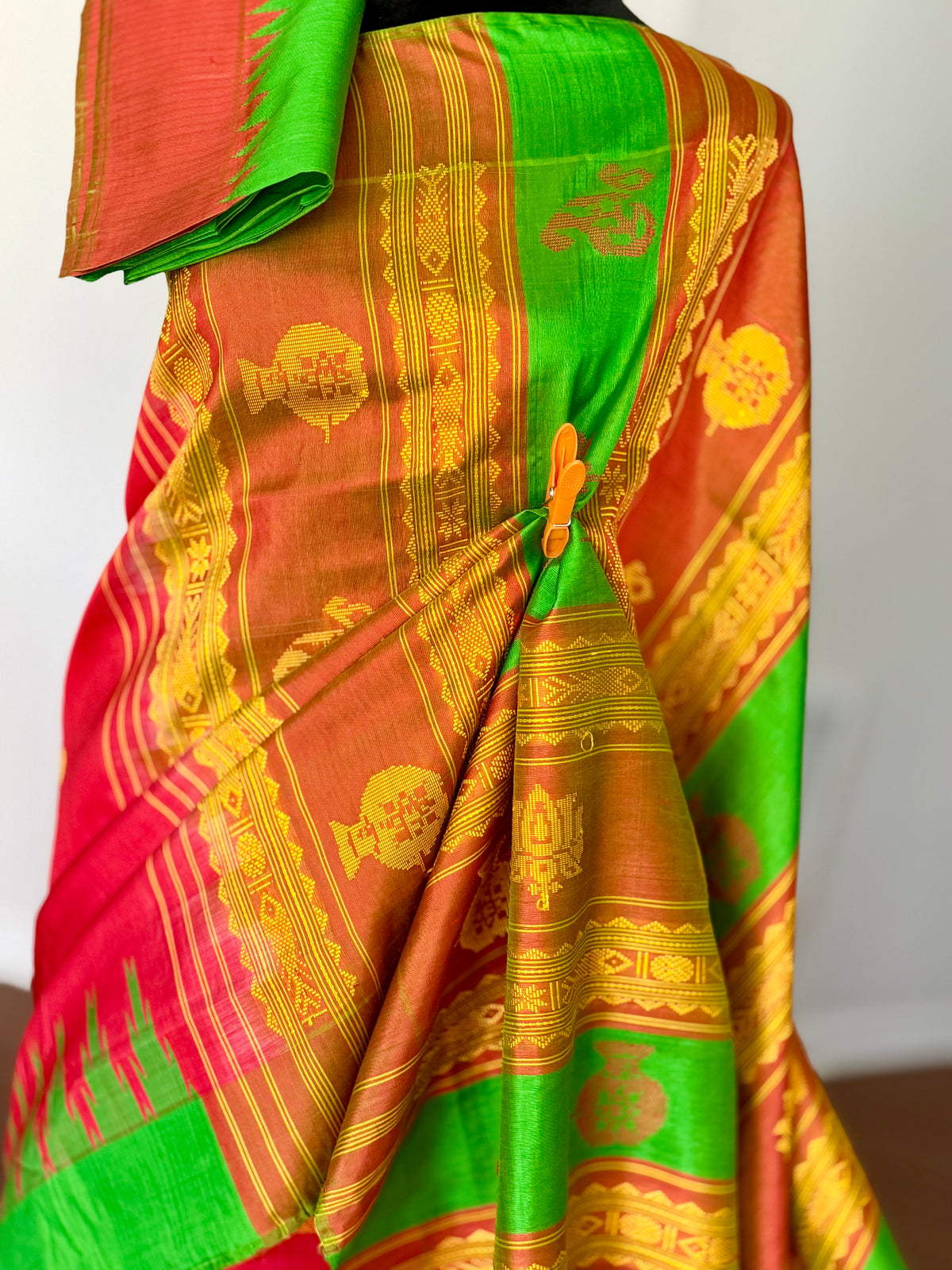 Dark Peach Berhampuri double pallu handwoven  Pure Silk Saree