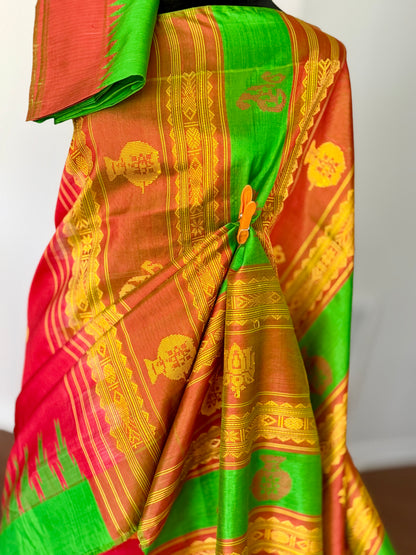 Dark Peach Berhampuri double pallu handwoven  Pure Silk Saree