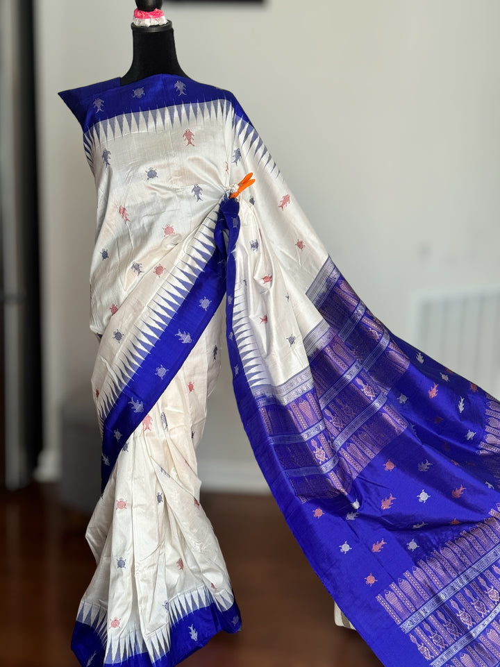 White and Blue combination exquisite piece of Bomkai Pure Silk Saree