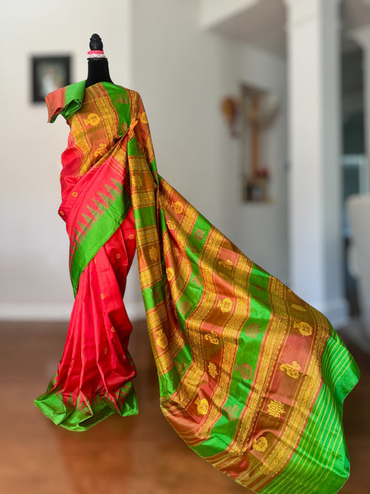 Dark Peach Berhampuri double pallu handwoven  Pure Silk Saree
