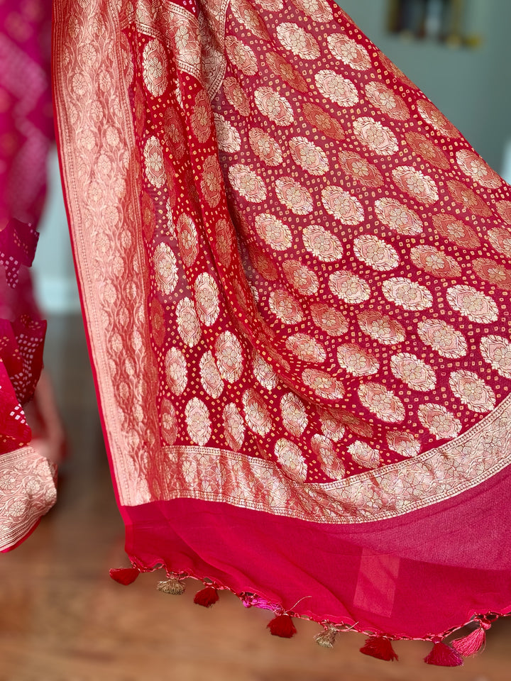 Pink with Red pure khaddi chiffon georgette rai bandhini saree