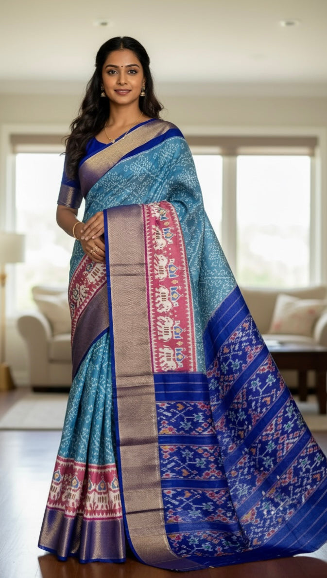 Ice blue Pochampally ikat pure silk saree