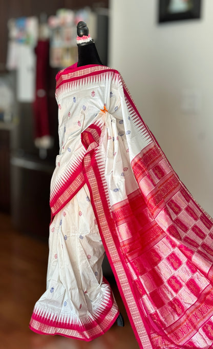 Gorgeous Bomkai pure Silk Saree in white and pink combination with Doll motif pallu