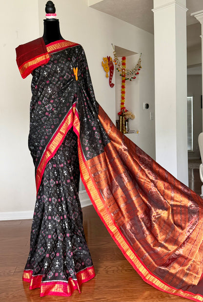 Black and rust red handwoven Sambalpuri pure Ikkat silk saree with tissue border and pallu | Odisha Weaves
