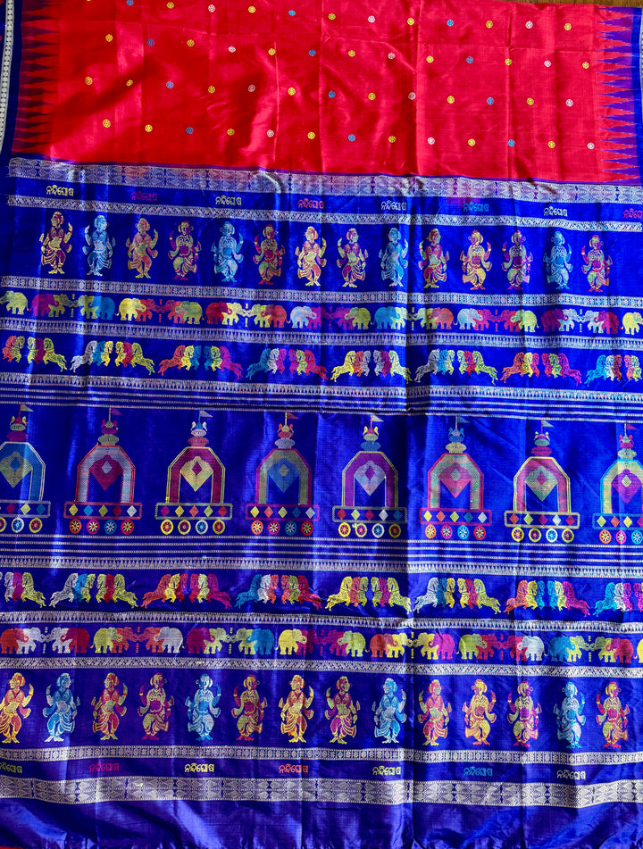 Gorgeous Red with Royal BlueNandighosa pure silk saree from Odisha Weaves| Bomkai|