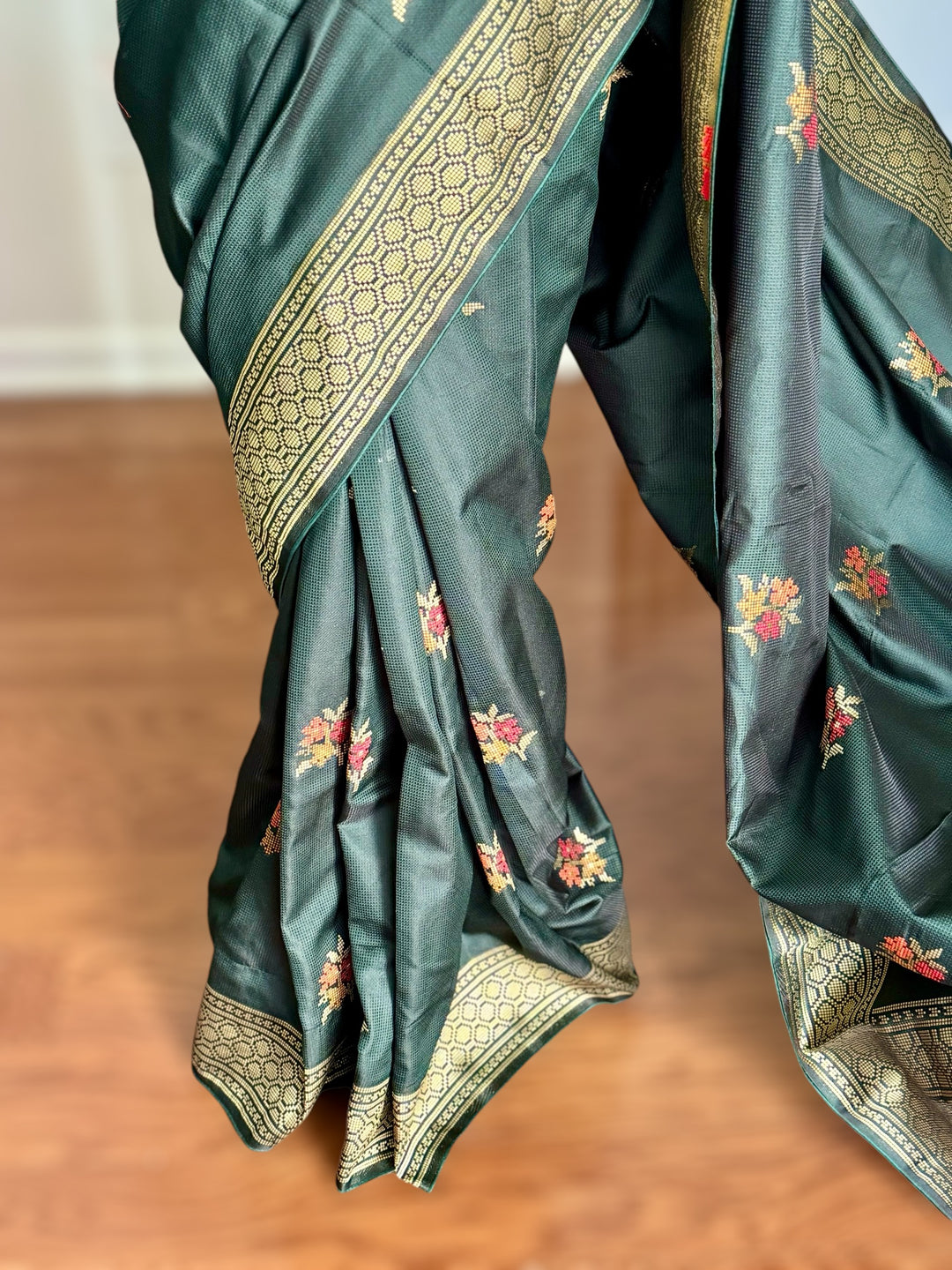 Elegant Dark green designer weaved and textured saree with stitched blouse| Value Vogue