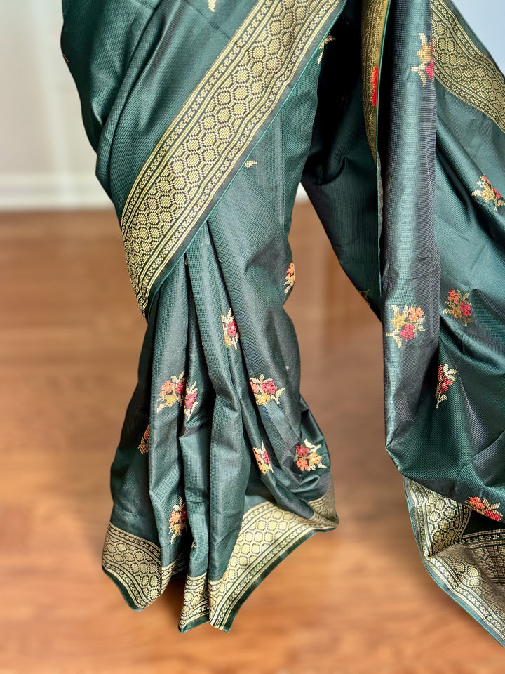 Elegant Dark green designer weaved and textured saree with stitched blouse| Value Vogue