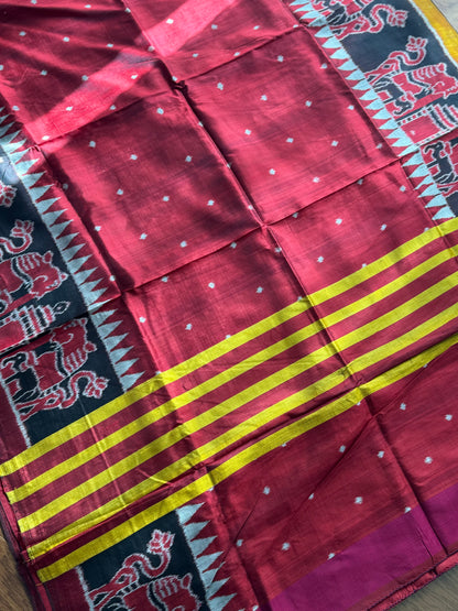 Maroon-ish Red Contemporary ikat pure silk Saree from Odisha weaves