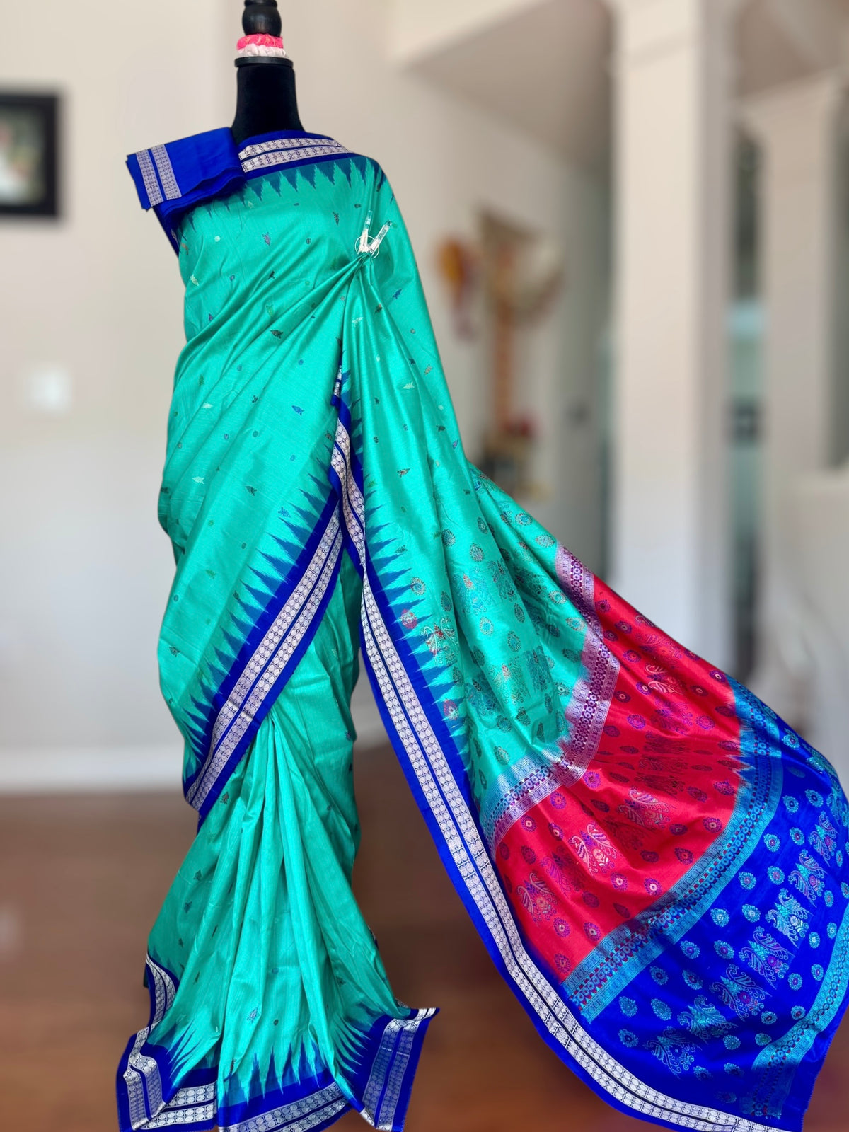 Aquamarine and blue combination master woven Bomkai pure silk saree | Odisha Weaves
