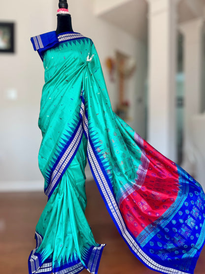 Aquamarine and blue combination master woven Bomkai pure silk saree | Odisha Weaves