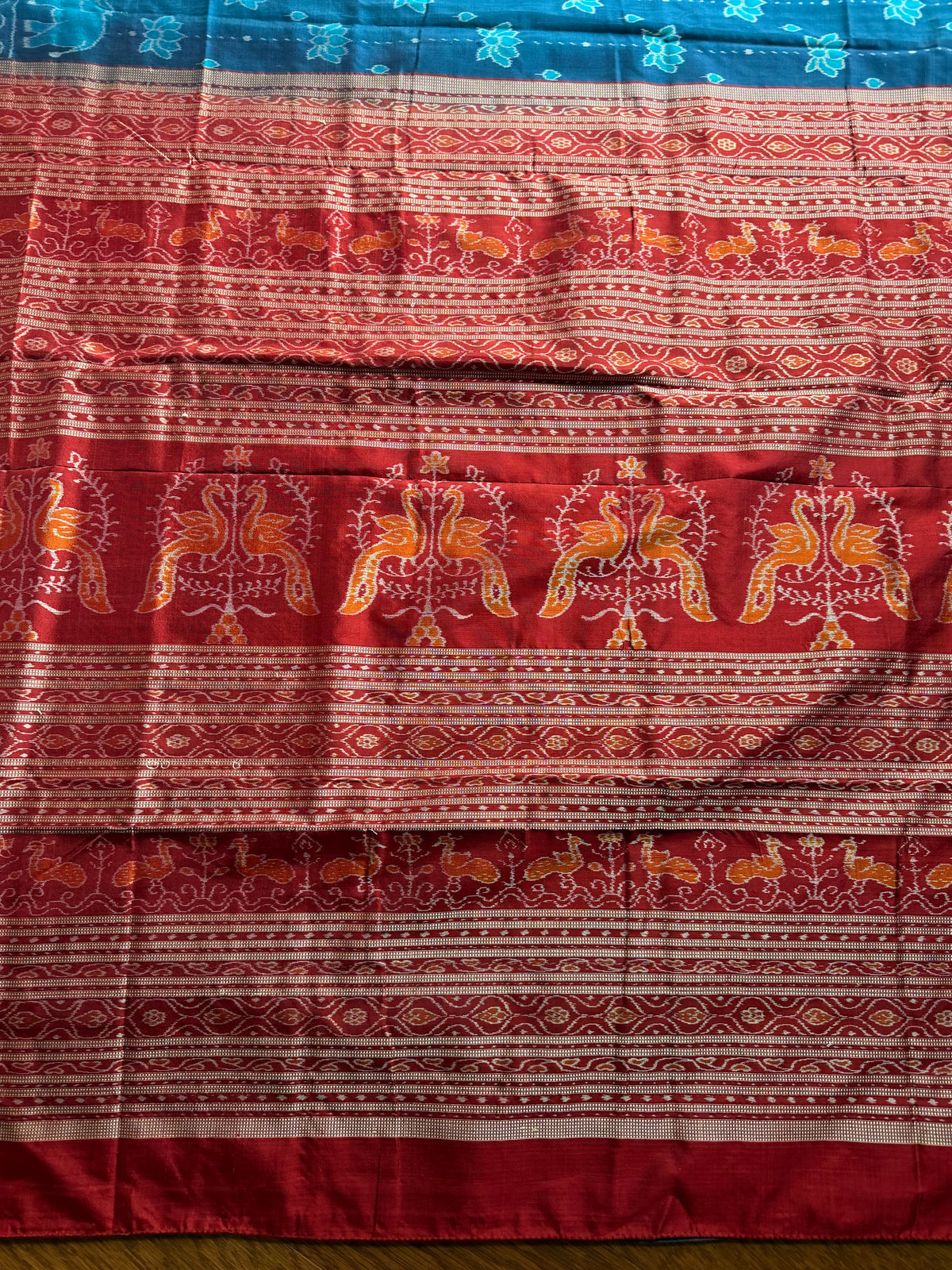 Teal blue and maroon handwoven Sambalpuri thousand motif pure Ikkat silk saree | Odisha Weaves
