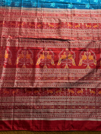 Teal blue and maroon handwoven Sambalpuri thousand motif pure Ikkat silk saree | Odisha Weaves