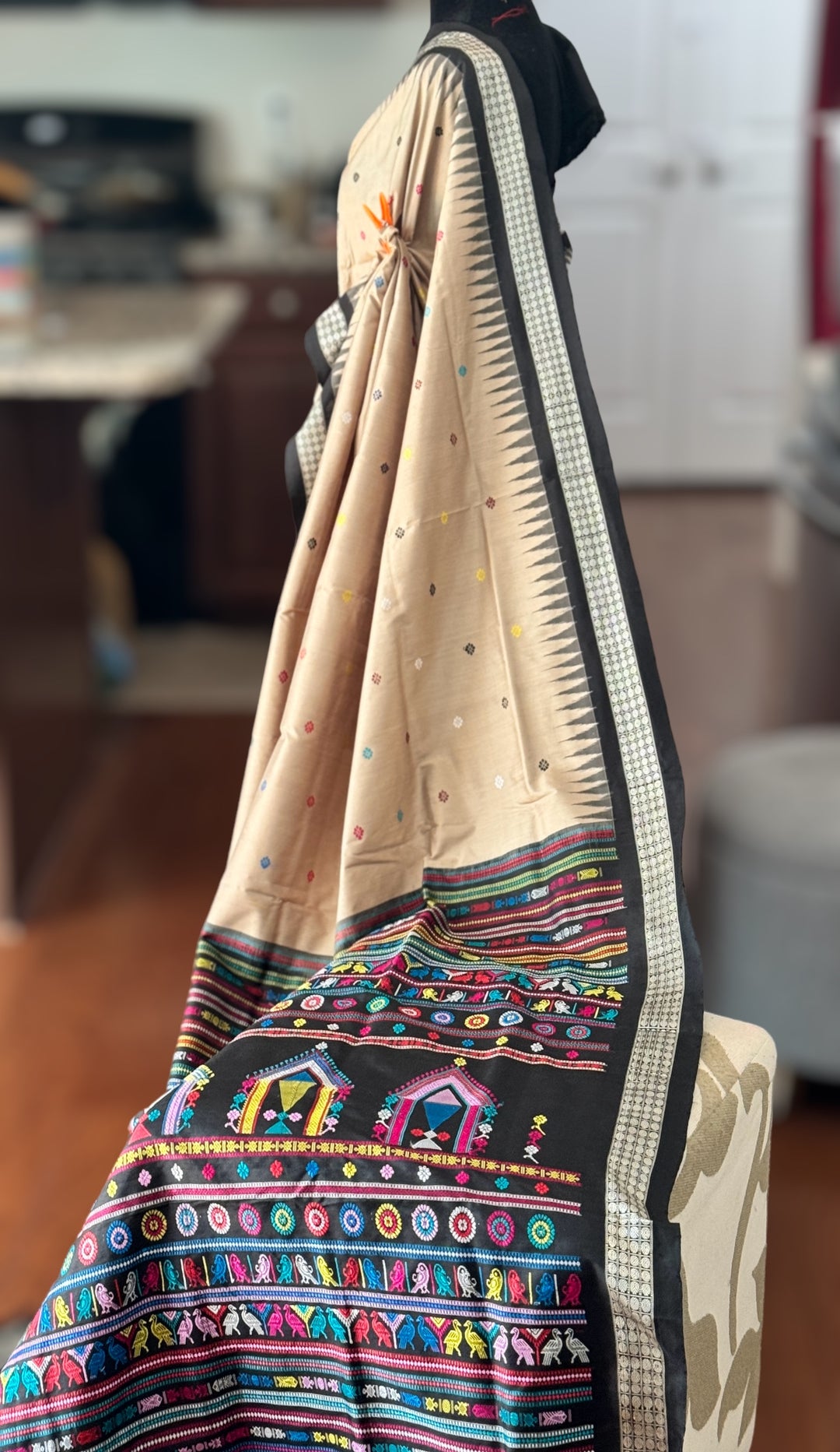 Gorgeous desert sand and black Combination Dolabedi pure silk saree from Odisha Weaves