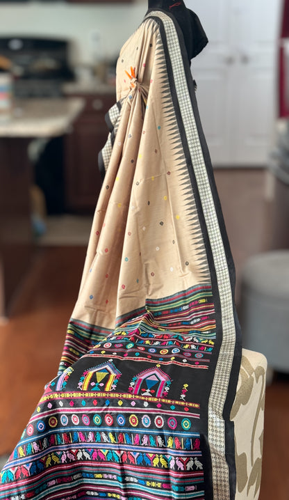 Gorgeous desert sand and black Combination Dolabedi pure silk saree from Odisha Weaves
