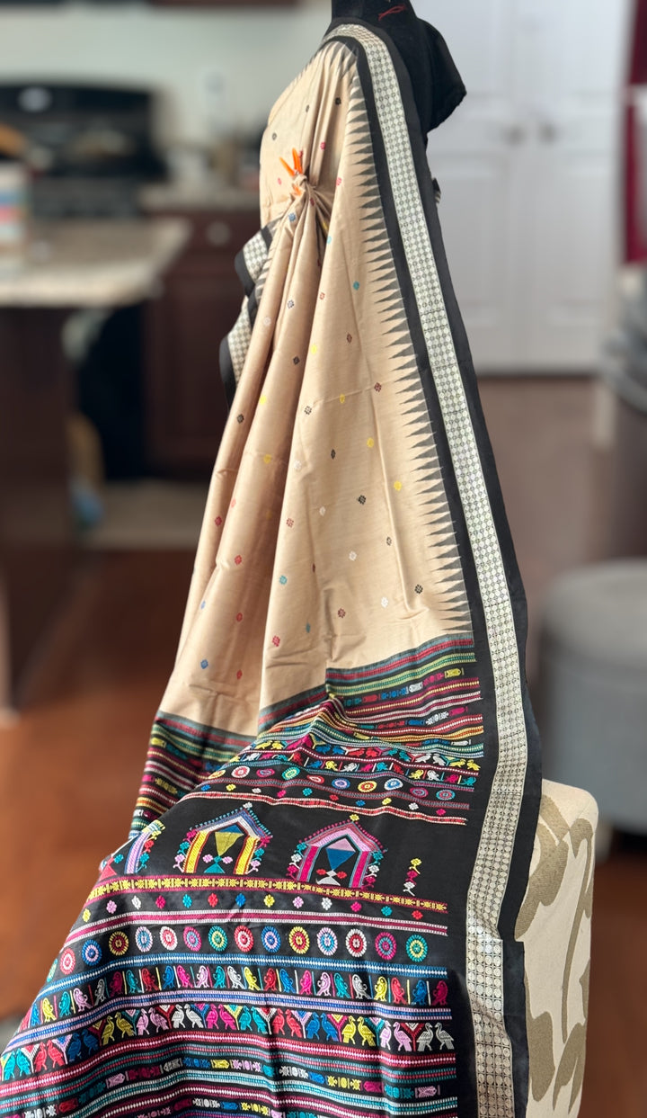 Gorgeous desert sand and black Combination Dolabedi pure silk saree from Odisha Weaves