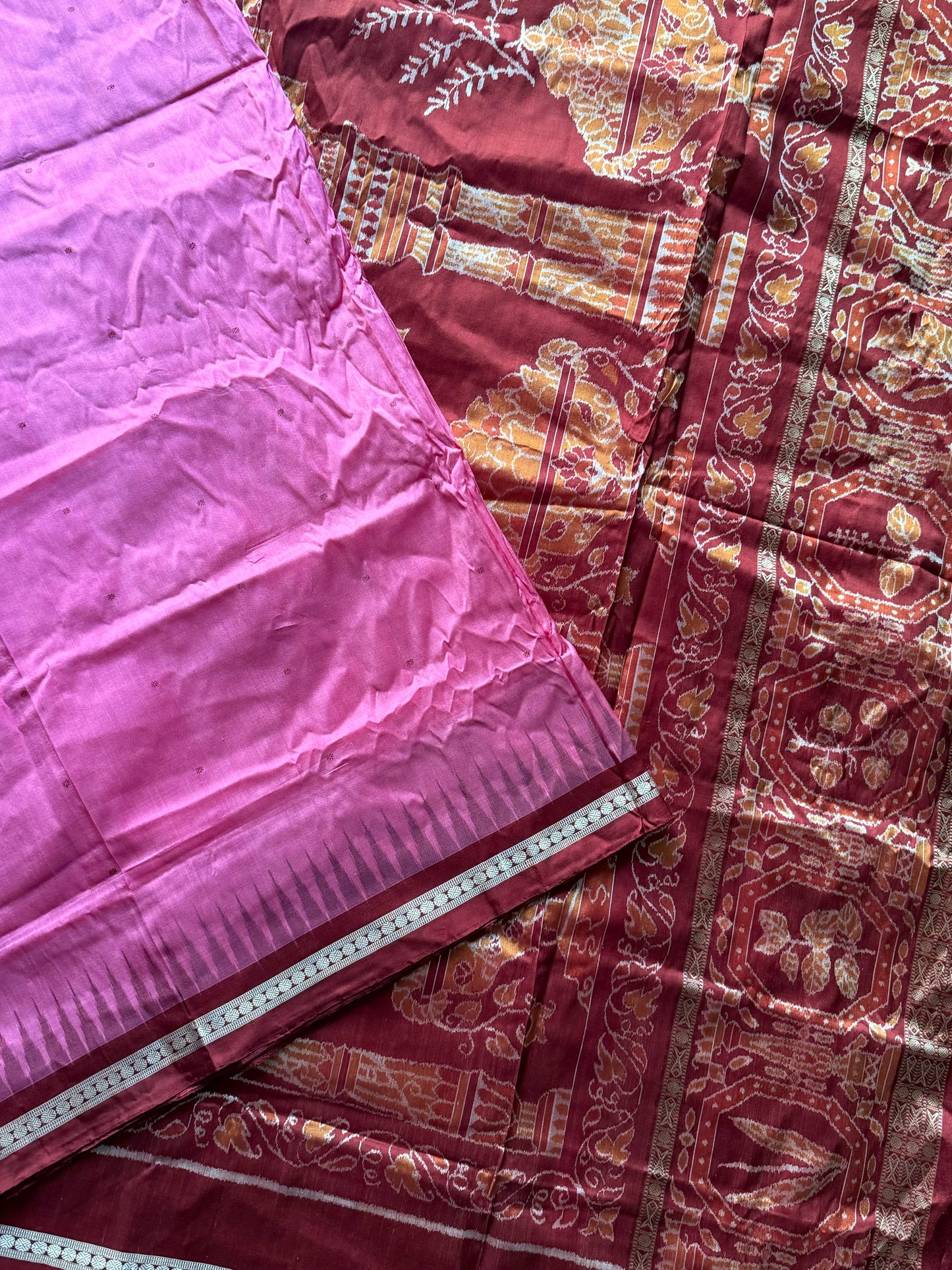 Pink Sambalpuri Ikat Pure Silk Saree with “Triphala” Ikat Pallu and Maroon Border