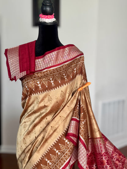 Golden baige and maroon-ish red handwoven Sambalpuri pure Ikkat silk saree | Odisha Weaves