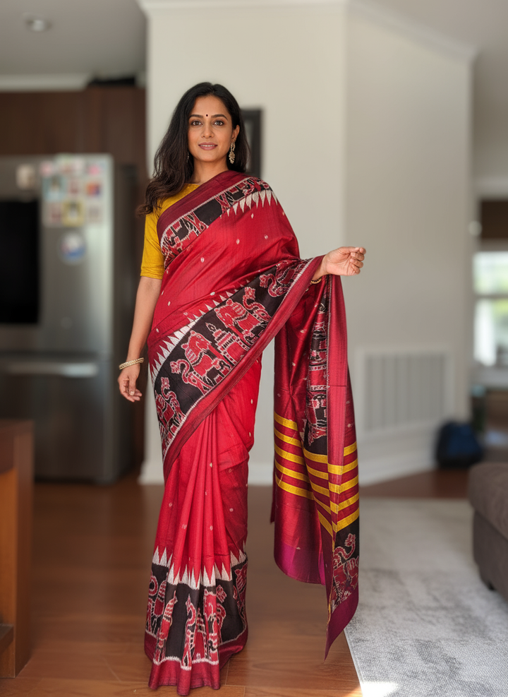 Maroon-ish Red Contemporary ikat pure silk Saree from Odisha weaves