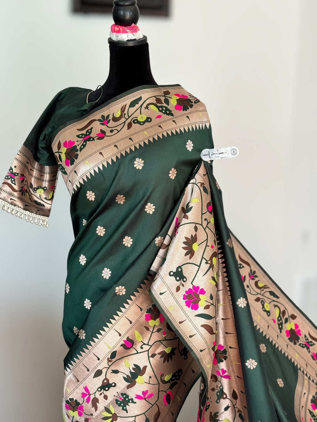 Paithani inspired weaved artificial silk saree with stitched blouse in bottle green color| Value Vogue