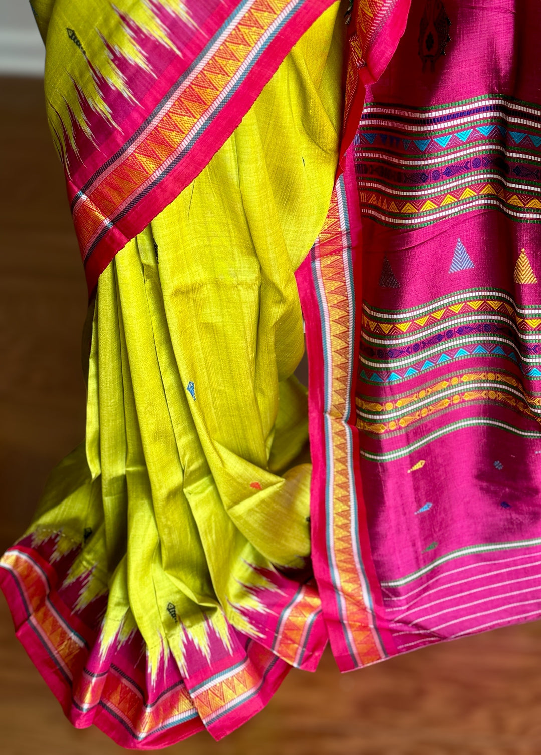 Light green and magenta pink combination Dongria double pallu contemporary ikat pure silk saree
