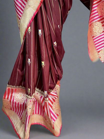 Maroon Luxurious Banarasi pure Katan Silk Saree with Rangkat Border