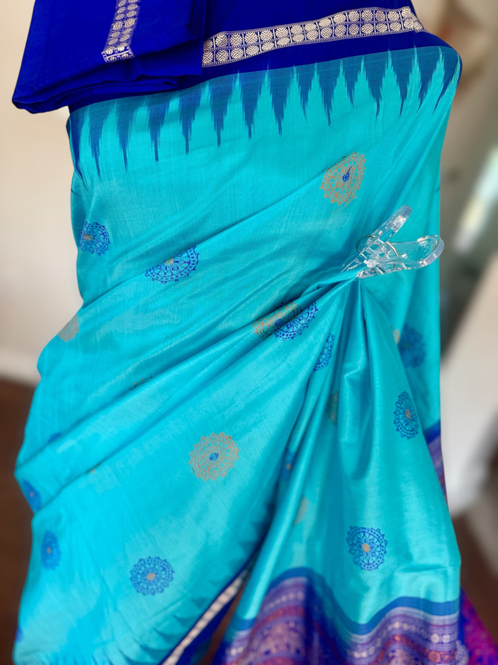 Konark theme Handwoven Bomkai Pure Silk Saree – Turquoise Blue with Royal Blue Pallu from Odisha Weaves