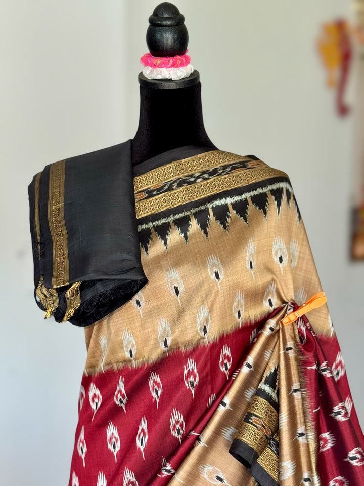 Maroon Beige Chandrika body Contemporary Ikat Pure Silk Saree|Odisha Weaves|Mishrita