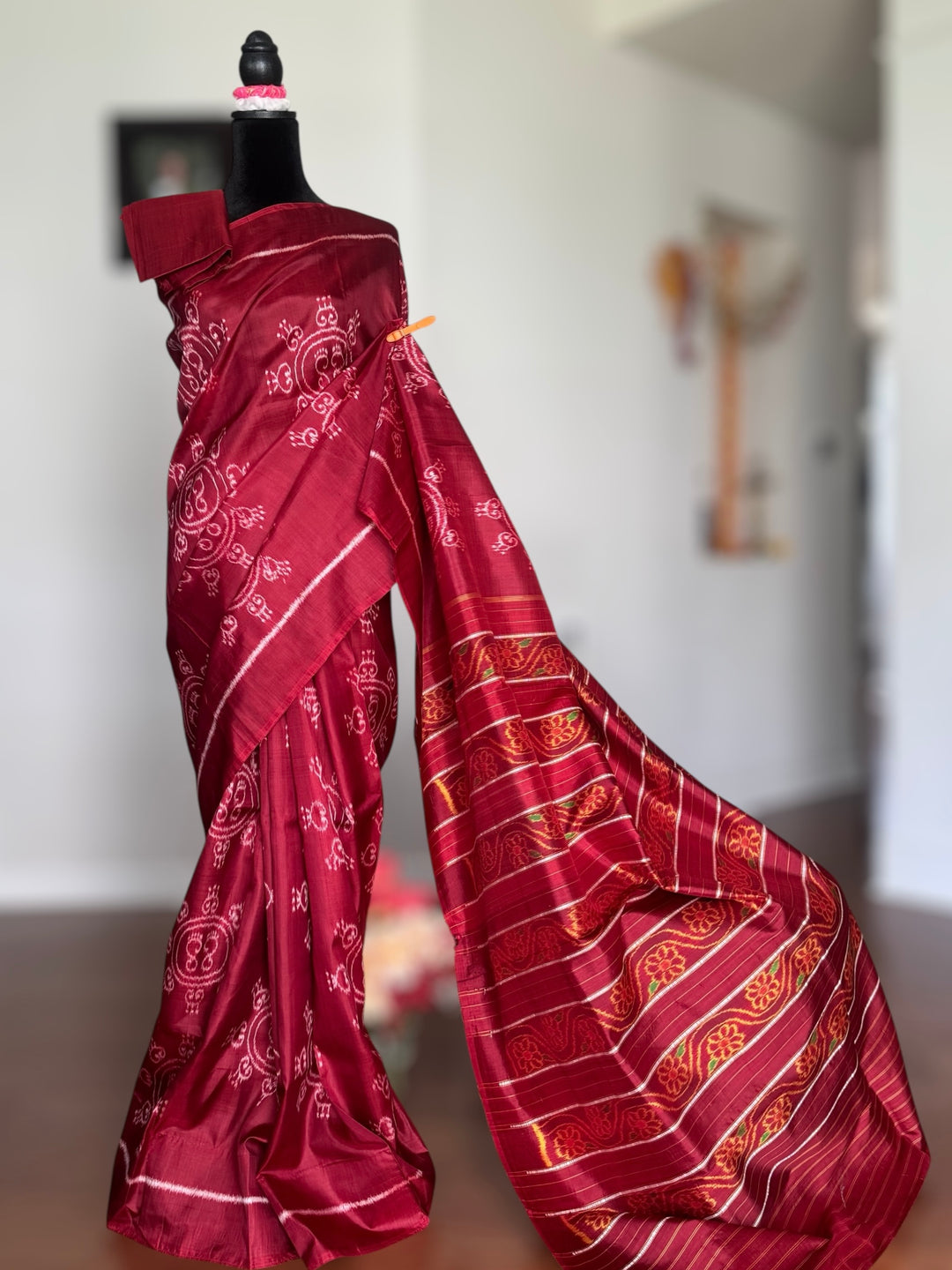 Fainted Maroon color Laxmi Pada contemporary ikat pure silk saree| Odisha Weaves