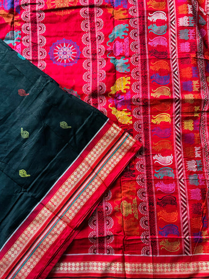 Handwoven Bomkai cotton saree in black red combinations