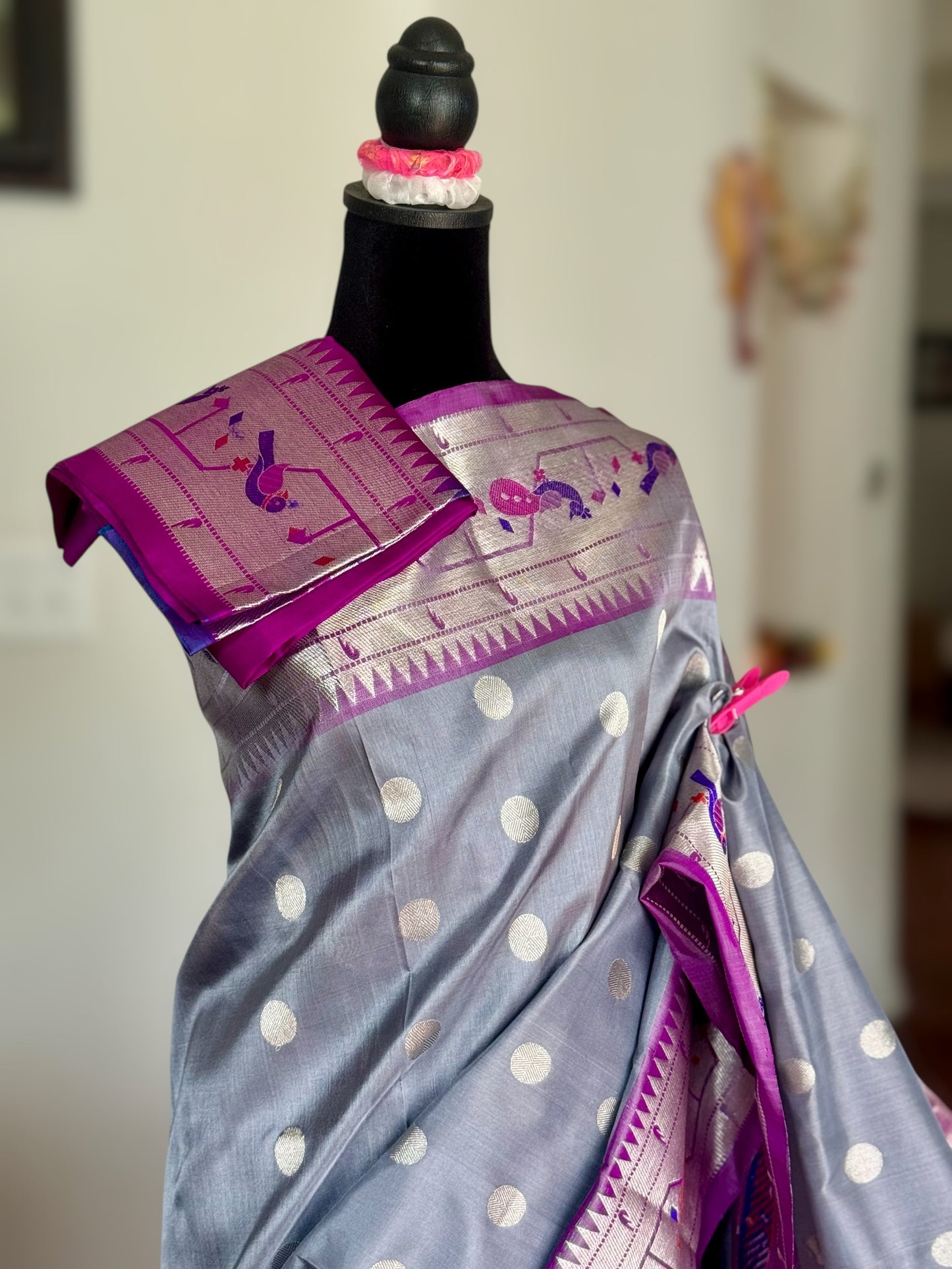 Grey purple high quality Venkatagiri handloom pure silk saree with Paithani border